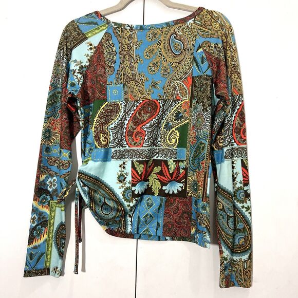 Arden B Y2K Top Size L Ruched Tie Up Long Sleeve Paisley Forest Fairy - Picture 2 of 4